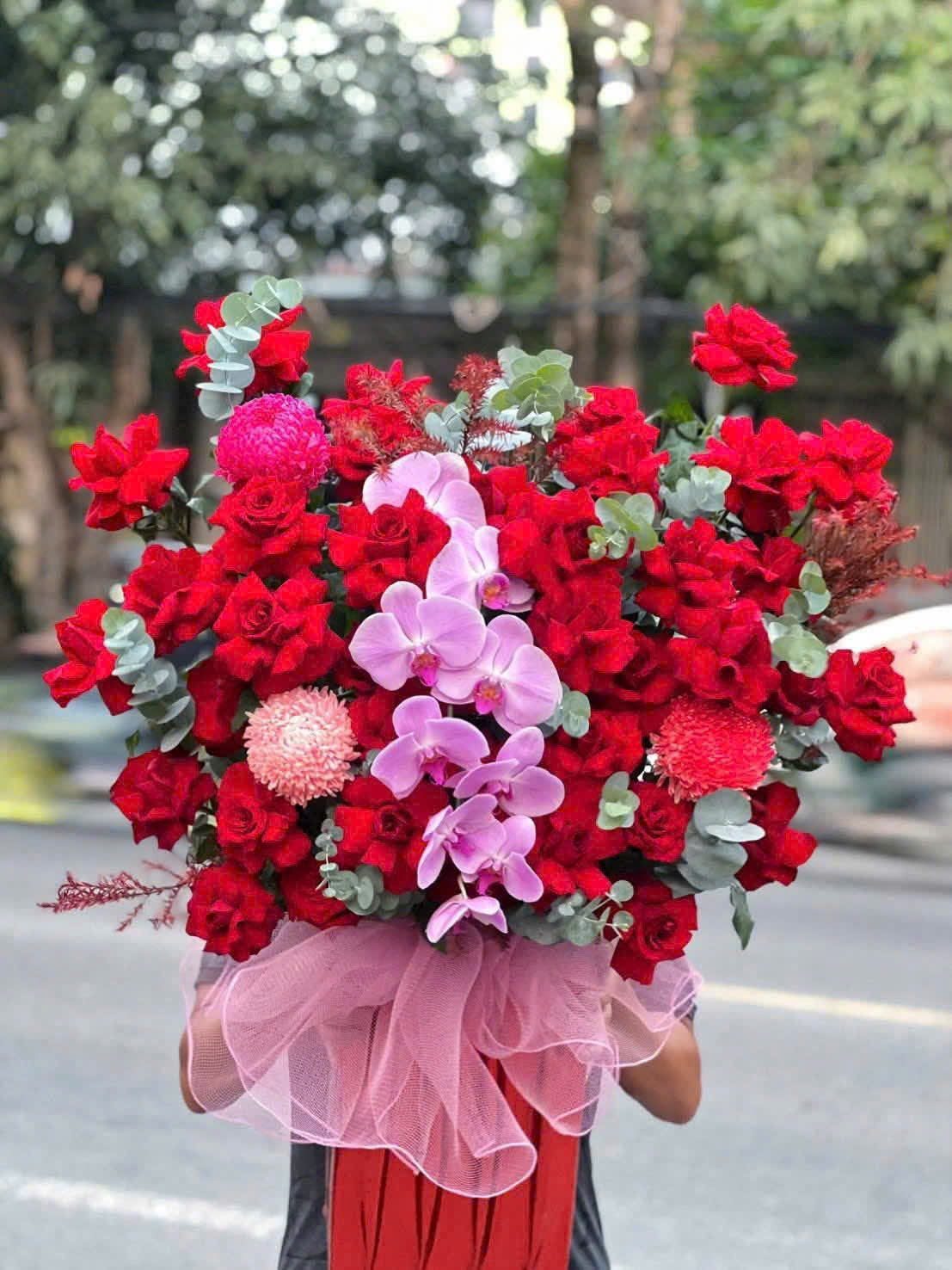 G07 Lãng hoa hồng đỏ Ecudor mix lan hồ điệp tím sang trọng