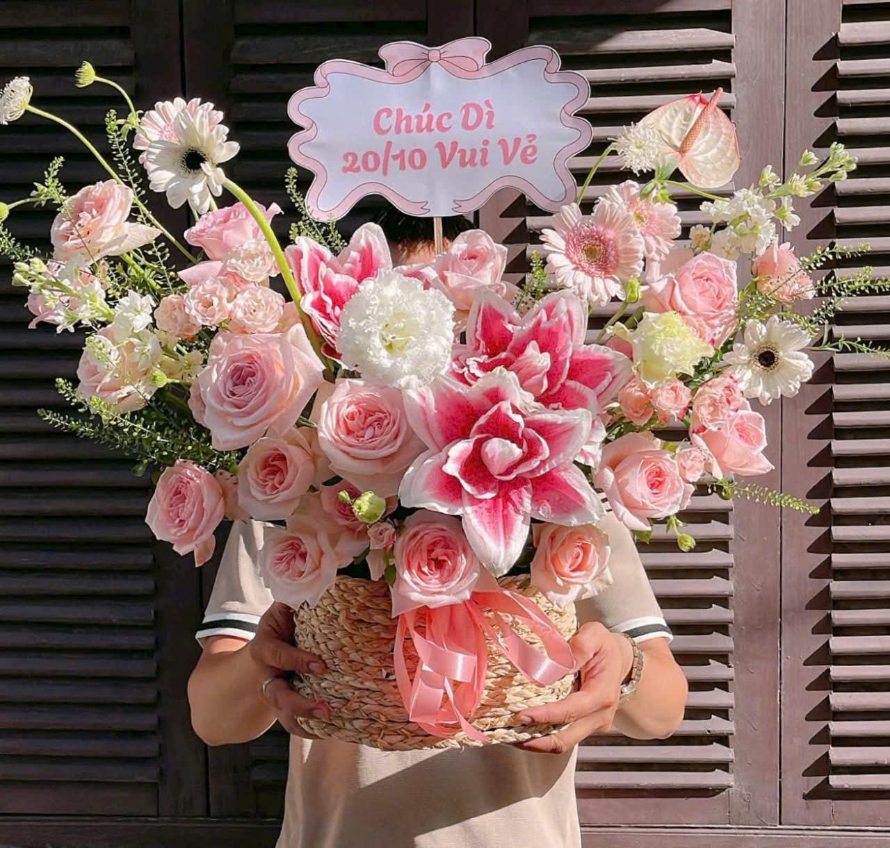 G08 Giỏ hoa hồng Ohara mix ly kép hồng thơ mộng