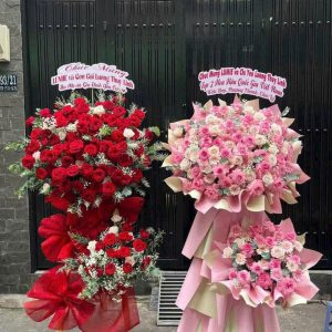 k01 kệ hoa 2 tầng tone đỏ cam rực rỡ mừng khai trương tại bắc ninh